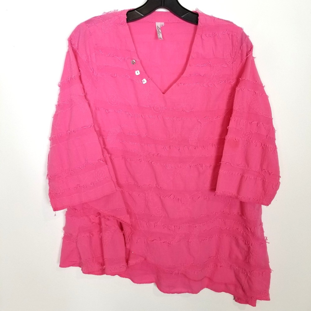 Lulu-B Asymmetrical Top Blouse Women Sz L Pink‎ Cotton Textured Boho Summer